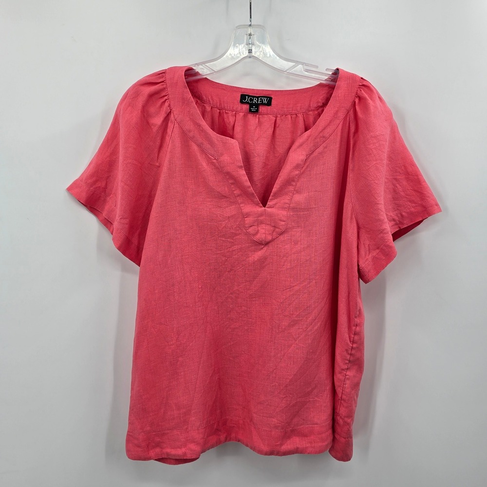 J.Crew Blouse Womens M Pink Linen Short Sleeve Split V-Neck Boho